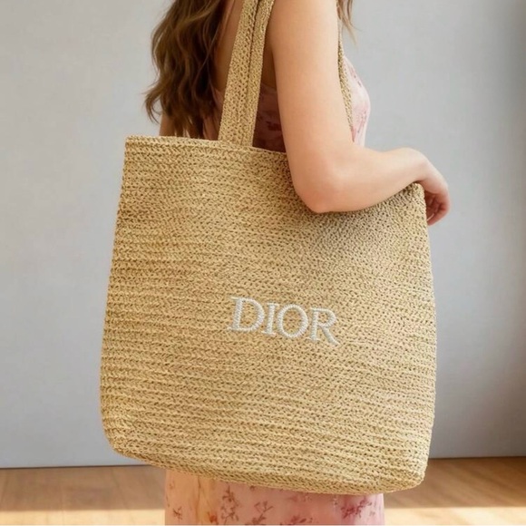 Dior Handbags - Dior Beauty Beige Raffia Straw Tote Bag
